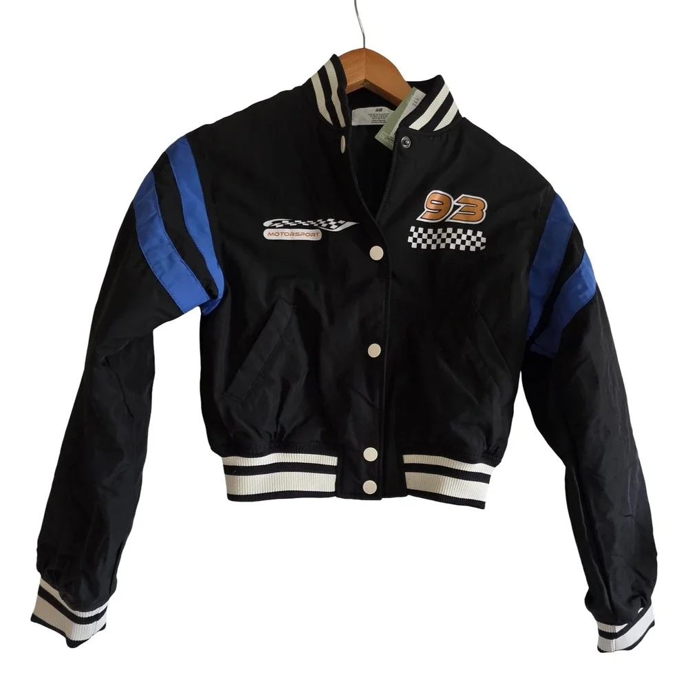 HM Kids Black Blue Racing Motorsport Varsity Bomber Jacket‎ Size 12 US Years
